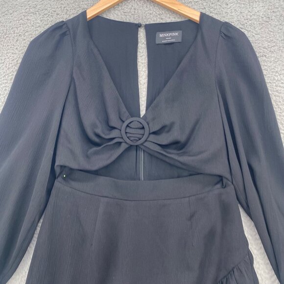 MINKPINK Dress Women Medium Black Mini Cutout Front V Neck Ruffle Balloon Sleeve - Picture 2 of 9